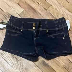 High Waist Navy Denim Shorts with Gold Accents